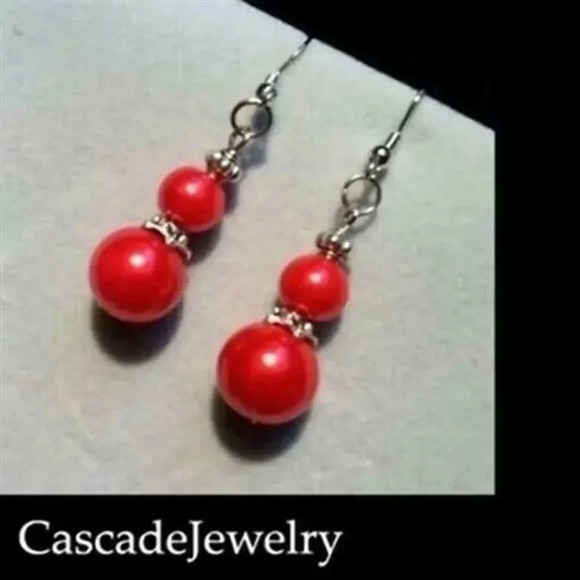 Handmade Long Glass Pearl Earrings Antiqued Silver Beads Poppy Red - Picture 1 of 1